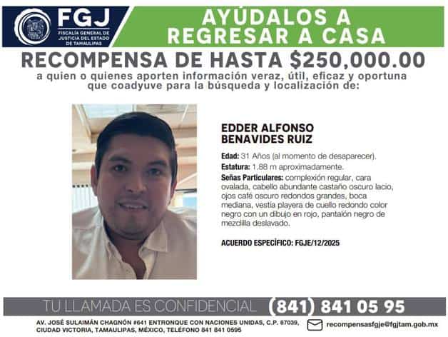 FJT ofrece recompensa por informaci&oacute;n sobre Edder Benavides, desaparecido en Padilla