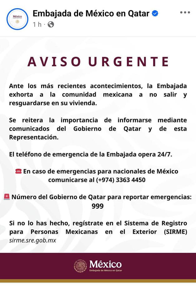 Embajada de México en Qatar emite alerta a connacionales