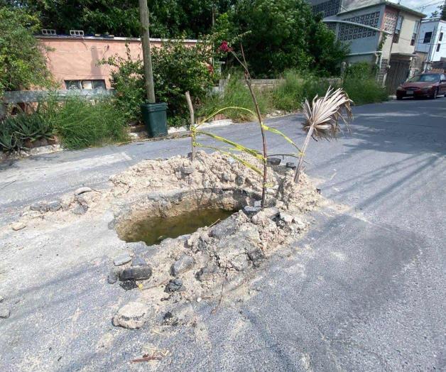 Alertan con desechos sobre oquedad en pavimento de la zona centro de la ciudad Alertan con desechos sobre oquedad en pavimento de la zona centro de la ciudad