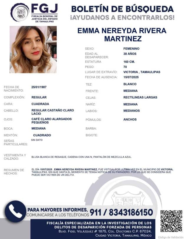 Buscan a Emma Nereyda desaparecida en Victoria