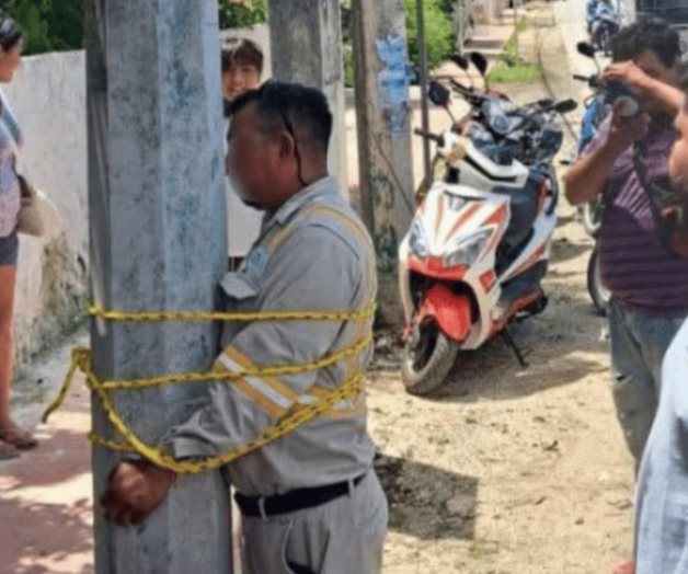Amarran a trabajador de la CFE a poste de luz en Dzemul, Yucatán Amarran a trabajador de la CFE a poste de luz en Dzemul, Yucatán