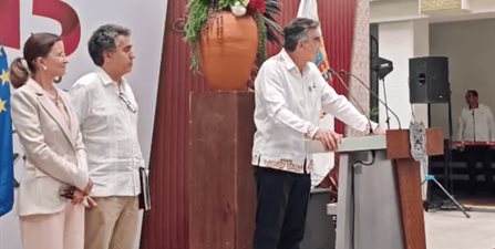 Conferencia de prensa del gobernador Américo Villarreal, y el embajador de la Unión Europea en México, Excmo. Francisco André y la secretaria de Economía, Ninfa Cantú Deándar.