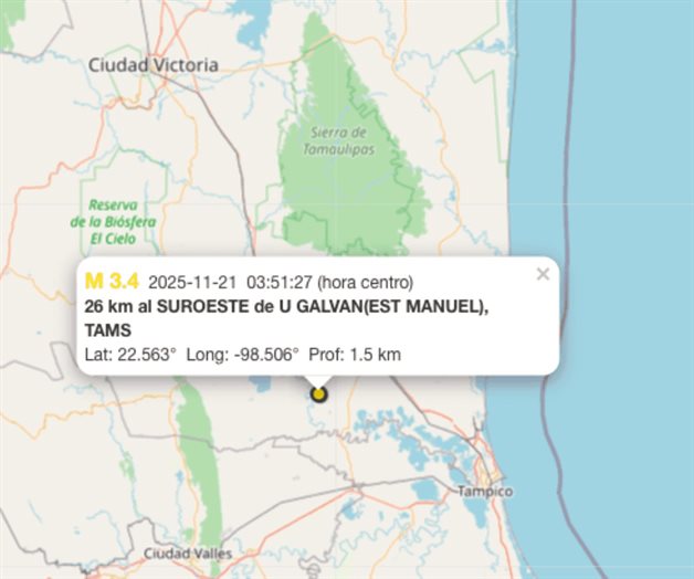Sismo de magnitud 3.4 sorprende a Estación Manuel, Tamaulipas Sismo de magnitud 3.4 sorprende a Estación Manuel, Tamaulipas
