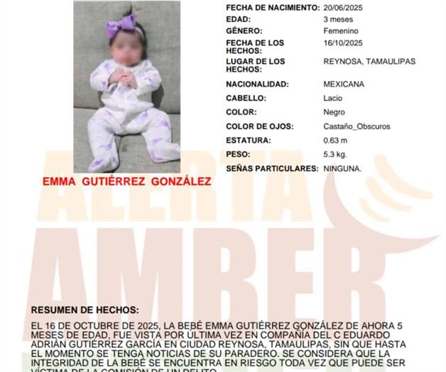 Activan Alerta Amber por la desaparición de una bebé en Reynosa