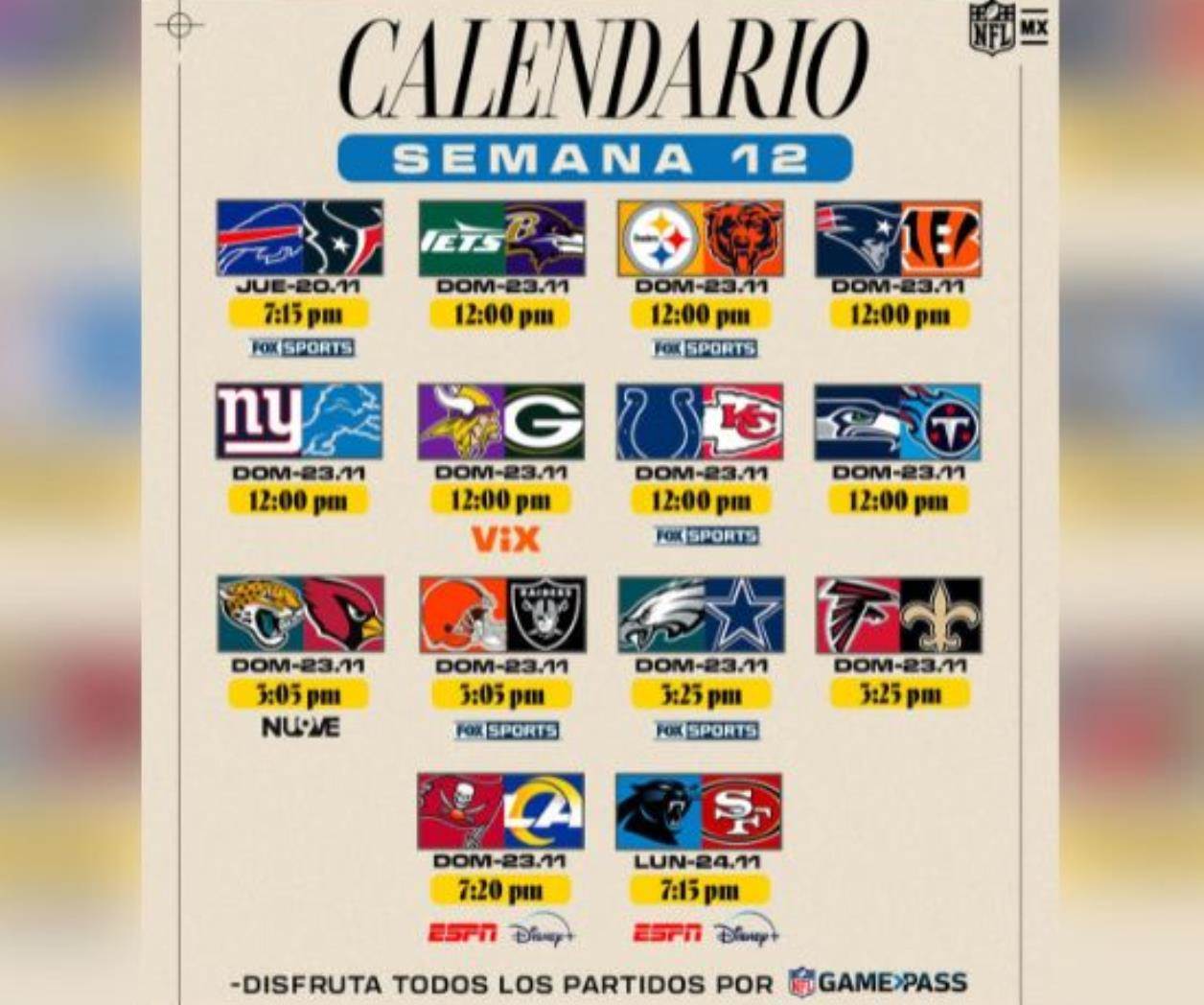 Horario y transmisión del partido NFL Jueves por la Noche