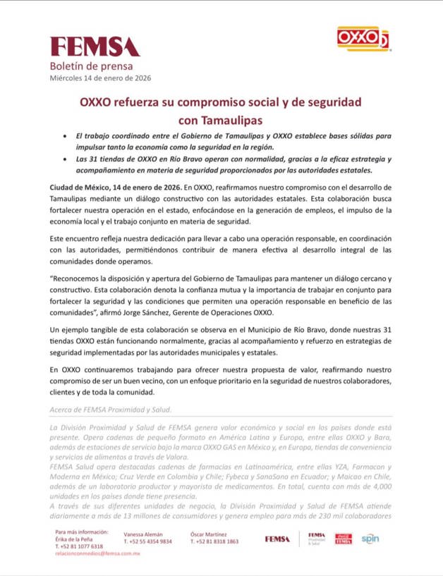 Asegura OXXO operaci&oacute;n normal en R&iacute;o Bravo
