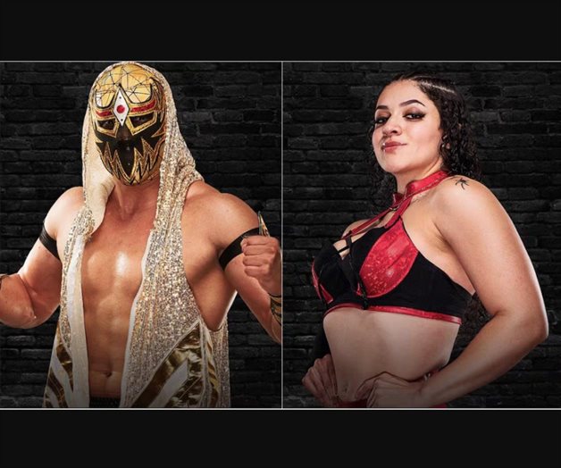 Luchadores mexicanos M&aacute;scara Dorada y Persephone en AEW